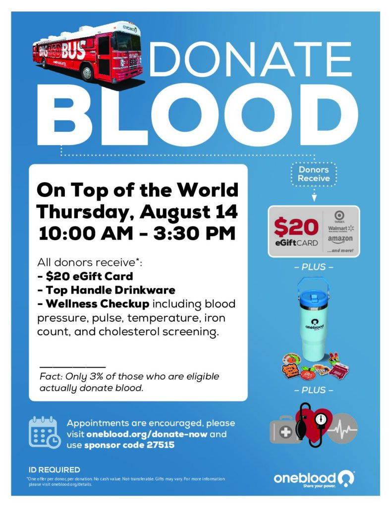 One Blood Thurs, Aug 14, 10 am - 3:30 pm EAC Front Lot
