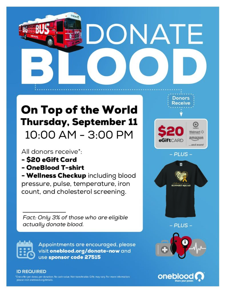 One Blood Thurs, Sept 11, 10 am - 3:30 pm EAC Front Lot