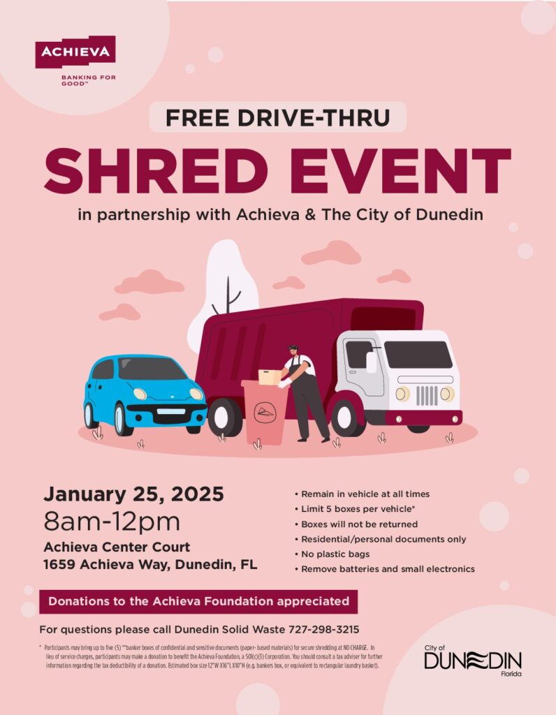 City of Dunedin Shred Fest Sat Jan 24, 8 am - 12 pm (open to all Pinellas County residents)