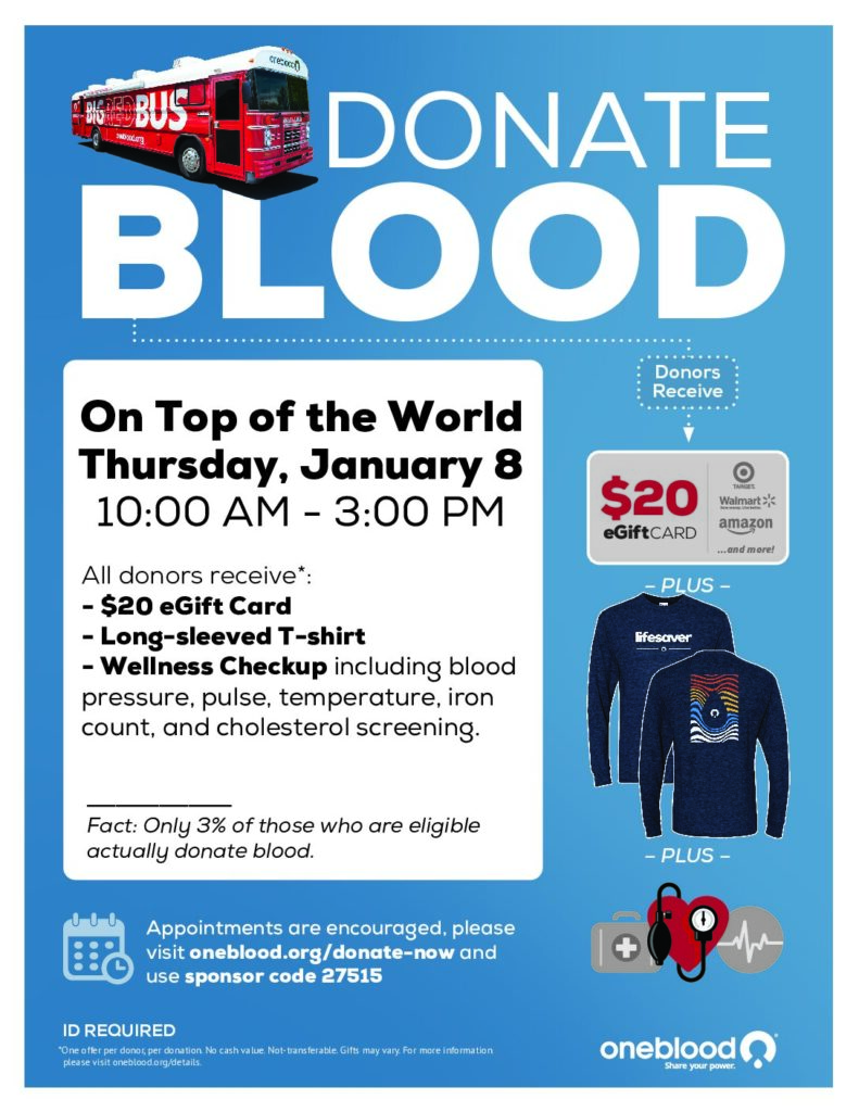 One Blood Thurs Jan 8, 10 am - 3 pm
