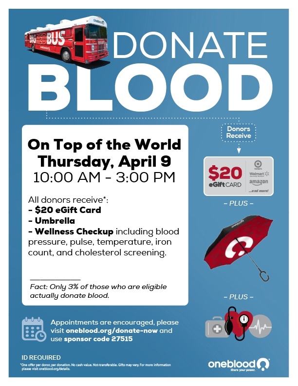 One Blood Thurs Apr 9, 10 - 3