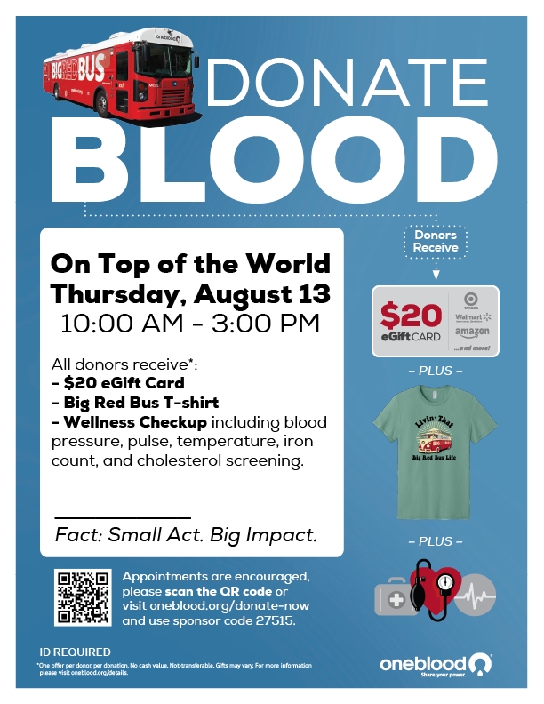 One Blood Thurs, Aug 13 - 10 am - 3 pm