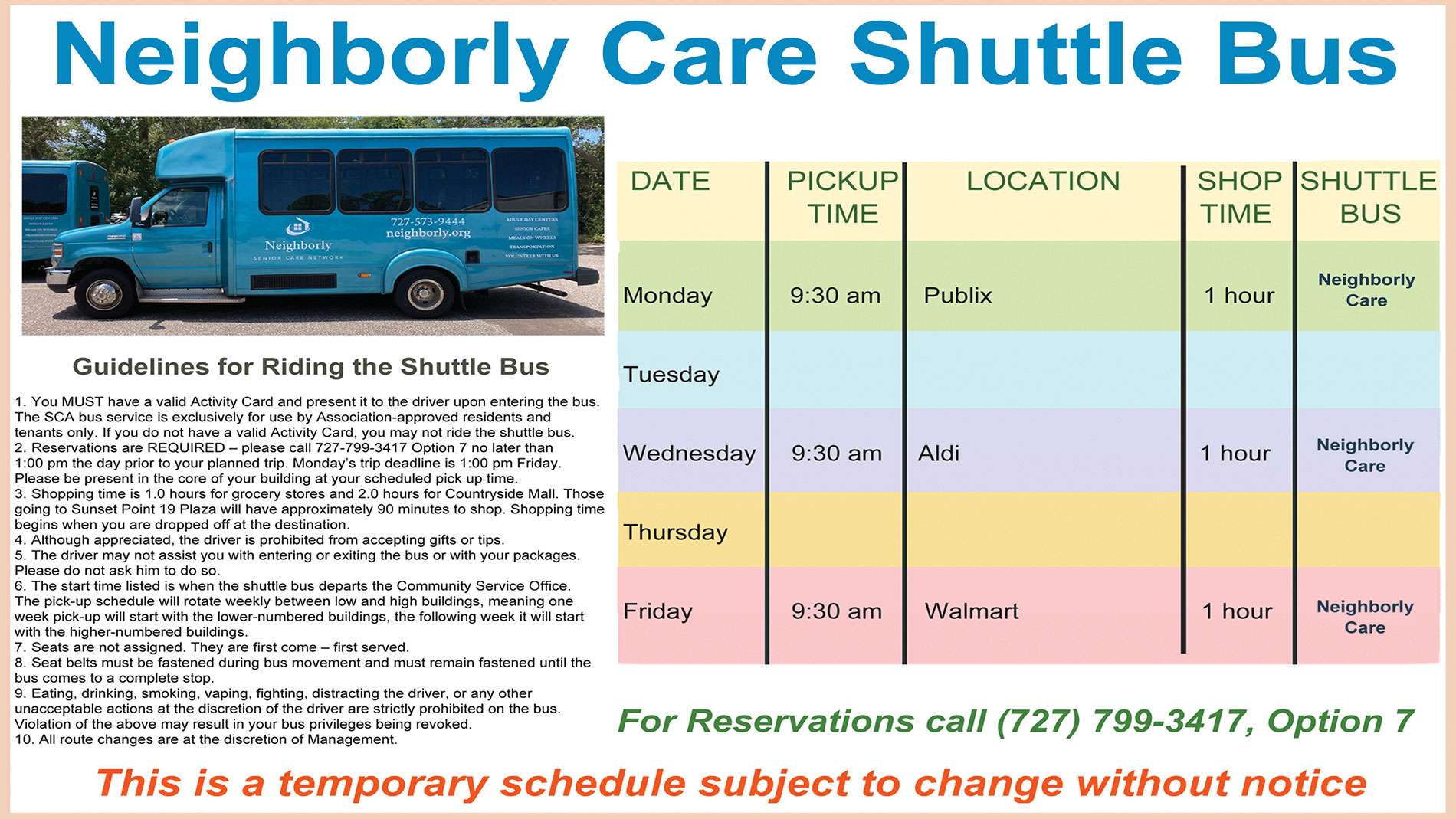 Bus-Schedule-B Neighborly Care Bus Shuttle at On Top of the World Clearwater.