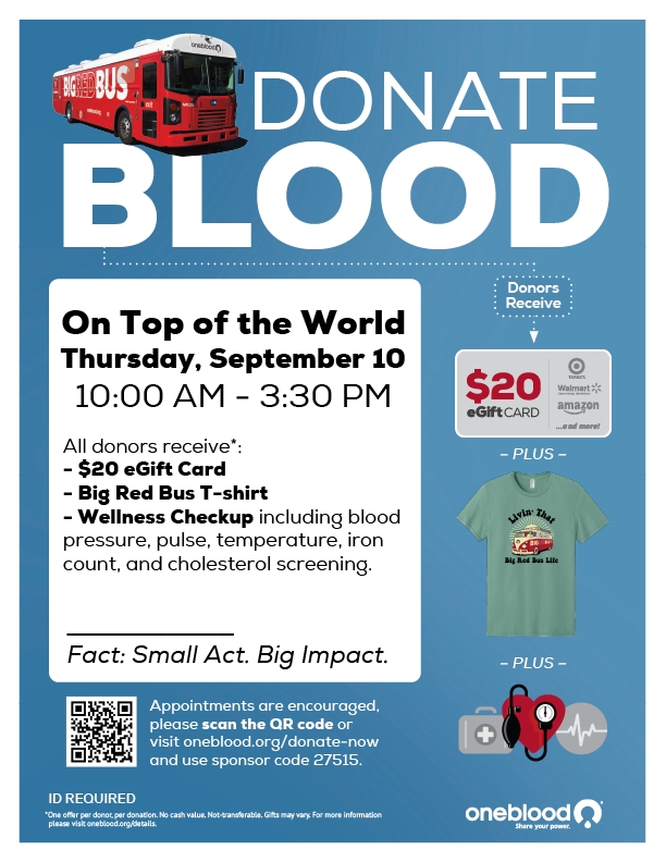 One Blood Thurs Sept 10, 10 am - 3:30 pm